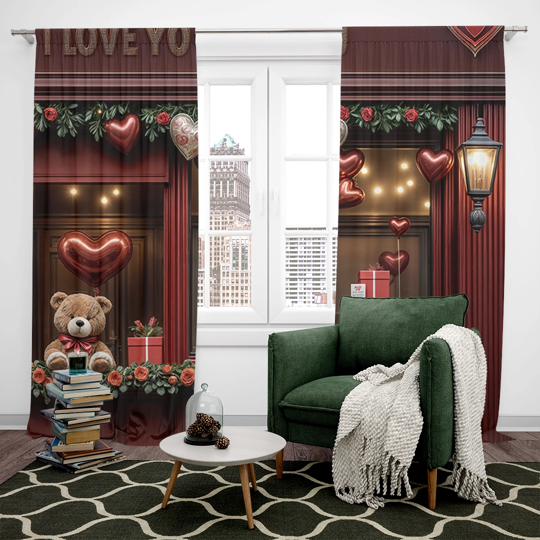 Kırmızı ve Bordo Tonlarında Kalpler Güller ve Hediyeler Fon Perde