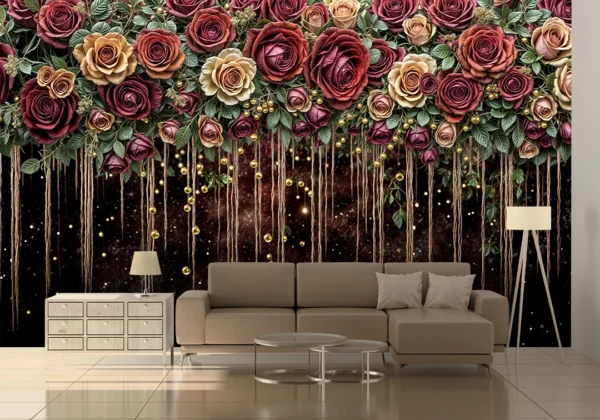 Koyu Kırmızı ve Altın Tonlarındaki Güllerin Dansıyla Romantik Işıklar Poster Duvar Kağıdı