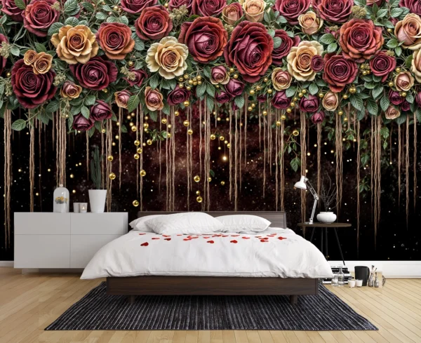 Koyu Kırmızı ve Altın Tonlarındaki Güllerin Dansıyla Romantik Işıklar Poster Duvar Kağıdı