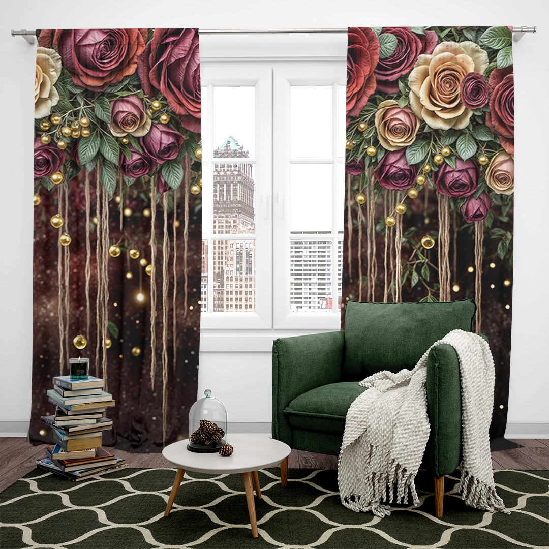 Koyu Kırmızı ve Altın Tonlarındaki Güllerin Dansıyla Romantik Işıklar Fon Perde