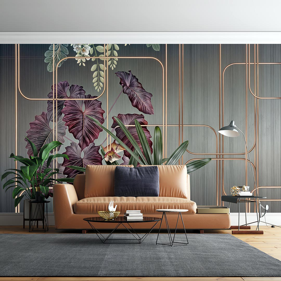 Lüks Geometrik Desenlerle Buluşan Tropik Doğa Poster Duvar Kağıdı