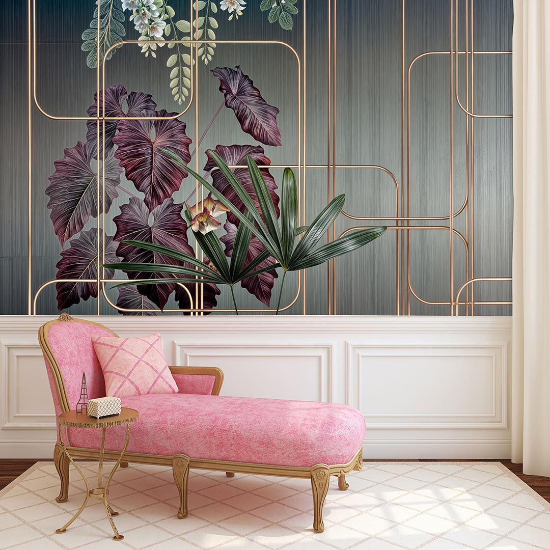 Lüks Geometrik Desenlerle Buluşan Tropik Doğa Poster Duvar Kağıdı