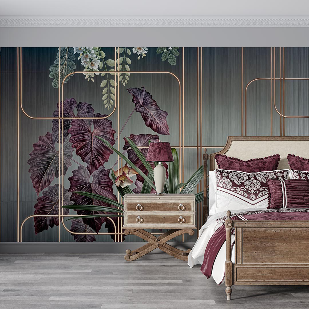 Lüks Geometrik Desenlerle Buluşan Tropik Doğa Poster Duvar Kağıdı