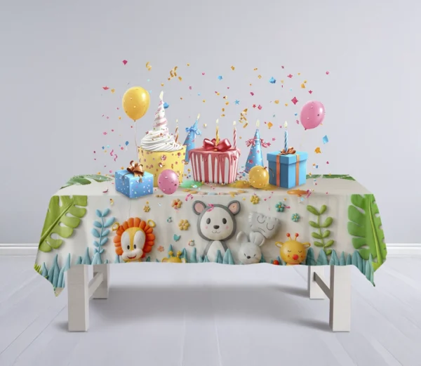 Neşeli Hayvanların Sevimli Oyuncakları ve Eğlenceli Balonları Masa Örtüsü