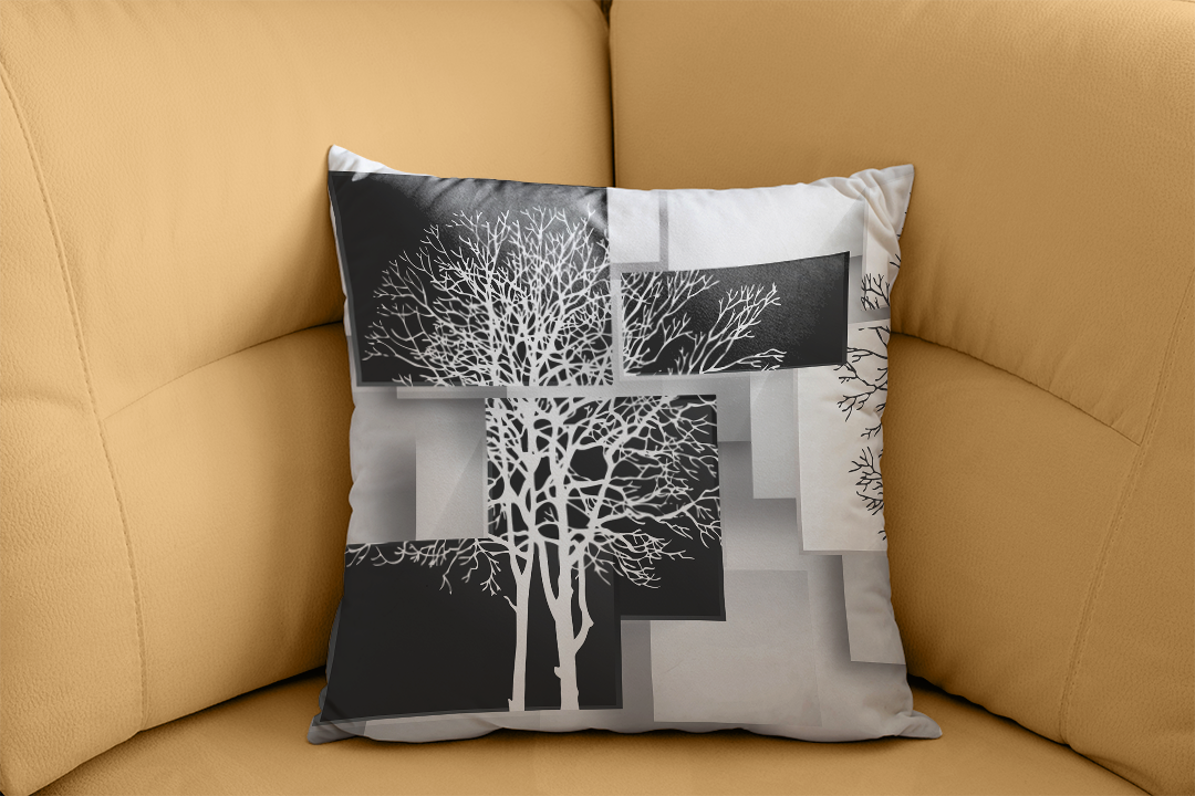 Ormanın Siyah ve Beyaz Geometrik Rüyası Kırlent