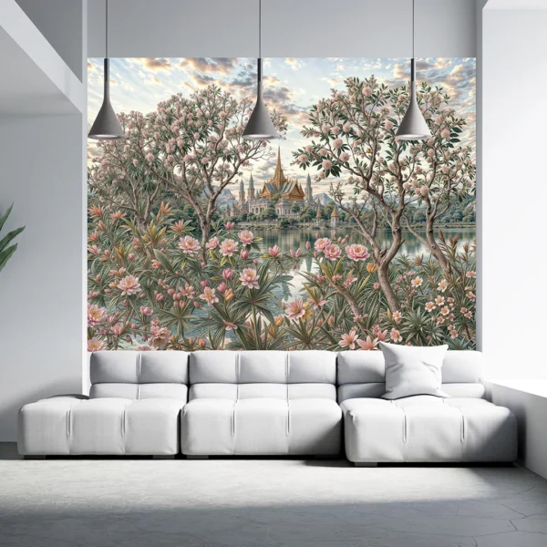 Pembe Çiçeklerin Yansımaların Büyülü Gölünde Yükselen Altın Tapınak Poster Duvar Kağıdı