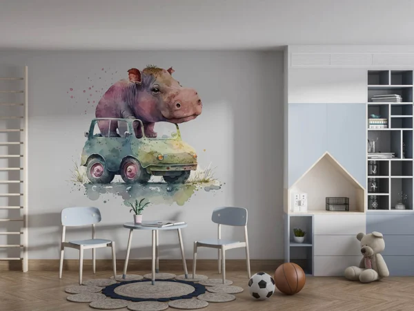 Rengarenk Arabasıyla Dünyayı Keşfeden Sevimli Su Aygırı Poster Duvar Kağıdı