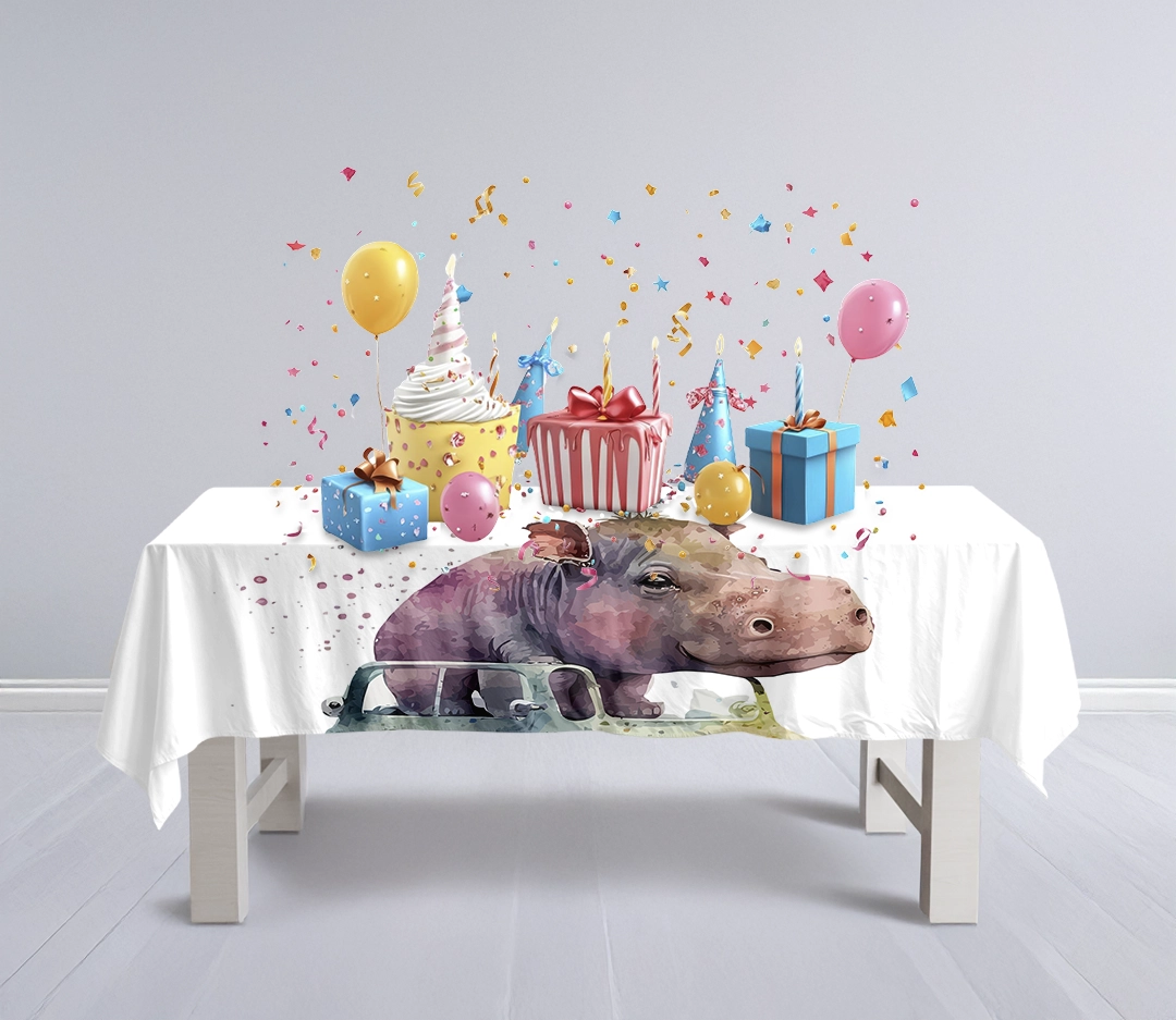 Rengarenk Arabasıyla Dünyayı Keşfeden Sevimli Su Aygırı Masa Örtüsü