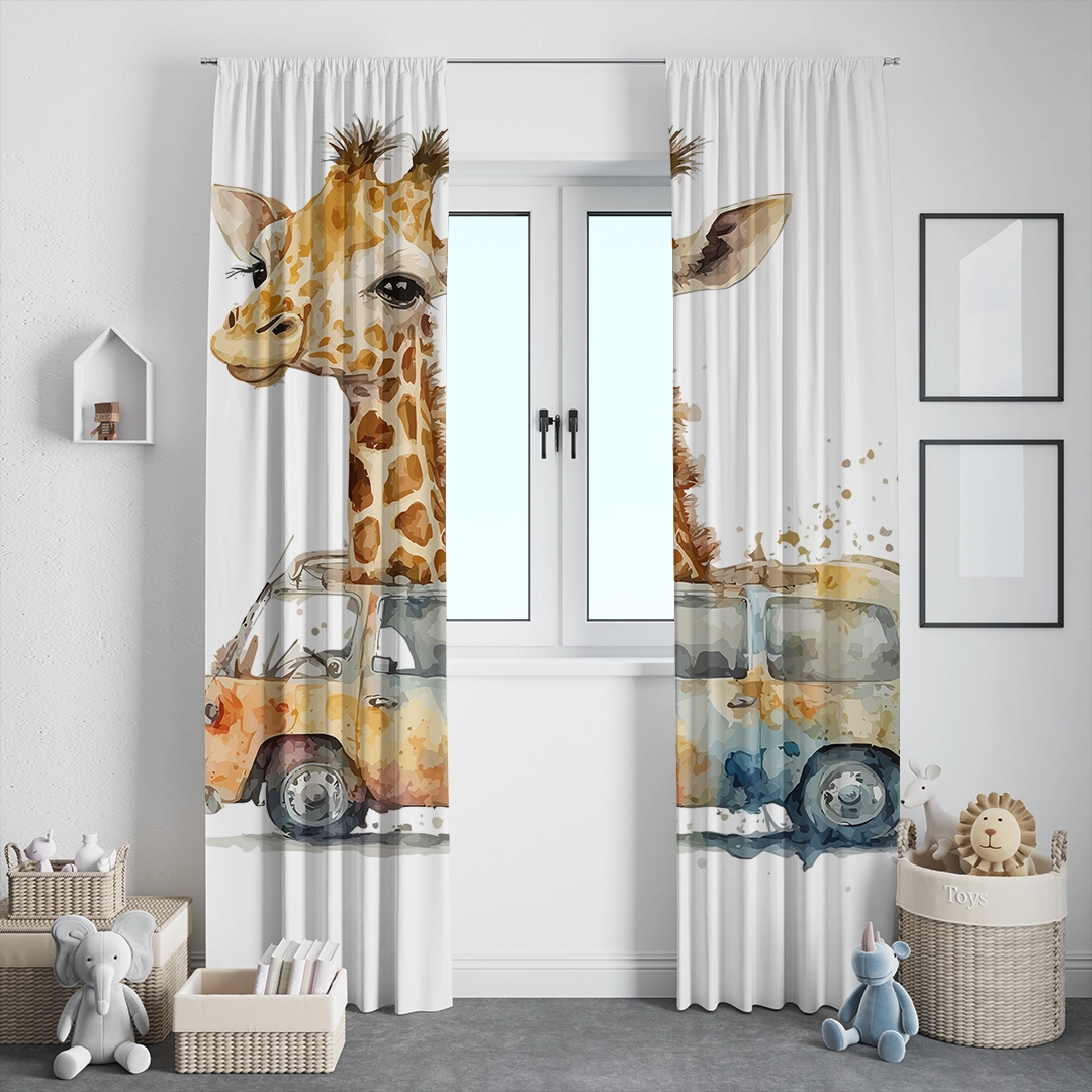 Rengarenk Arabasıyla Dünyayı Keşfeden Sevimli Zürafa Fon Perde