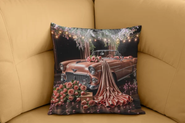 Romantik Çiçeklerle Süslenmiş Vintage Otomobilin Büyüsüyle Unutulmaz Anlar Kırlent