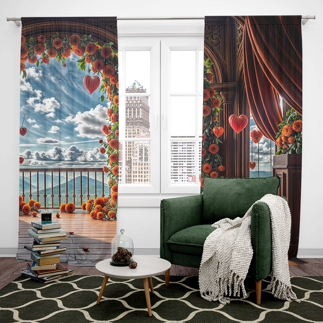 Saray İçinde Kırmızı Güller Kalpler ve Romantik Perdelerle Süslenmiş Büyülü Fon Perde