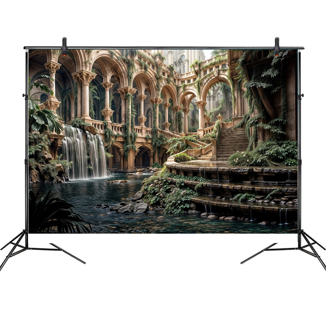 Şelalelerin Fısıltısıyla Yemyeşil Antik Ruhun İhtişamı Fon Kumaş