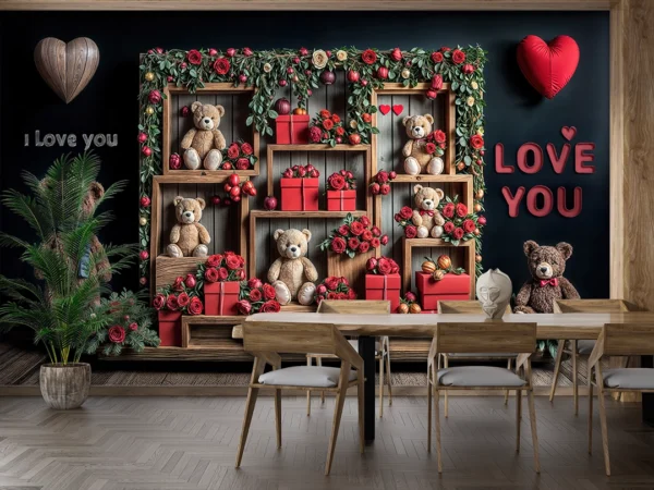 Sevimli Ayıcıklar ve Romantik Hediyelerle Bezeli Büyülü Sevgililer Günü Poster Duvar Kağıdı