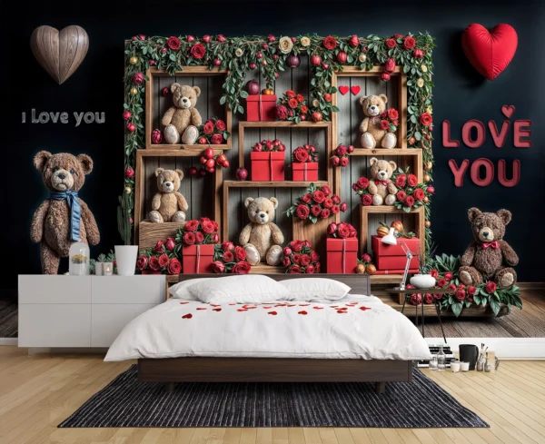 Sevimli Ayıcıklar ve Romantik Hediyelerle Bezeli Büyülü Sevgililer Günü Poster Duvar Kağıdı