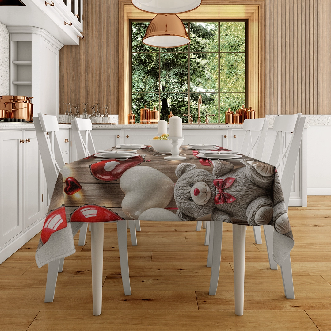 Sevimli Ayıcıklarla ve Işıltılı Detaylarla Bezeli Romantik Bir Sevgililer Günü Masa Örtüsü