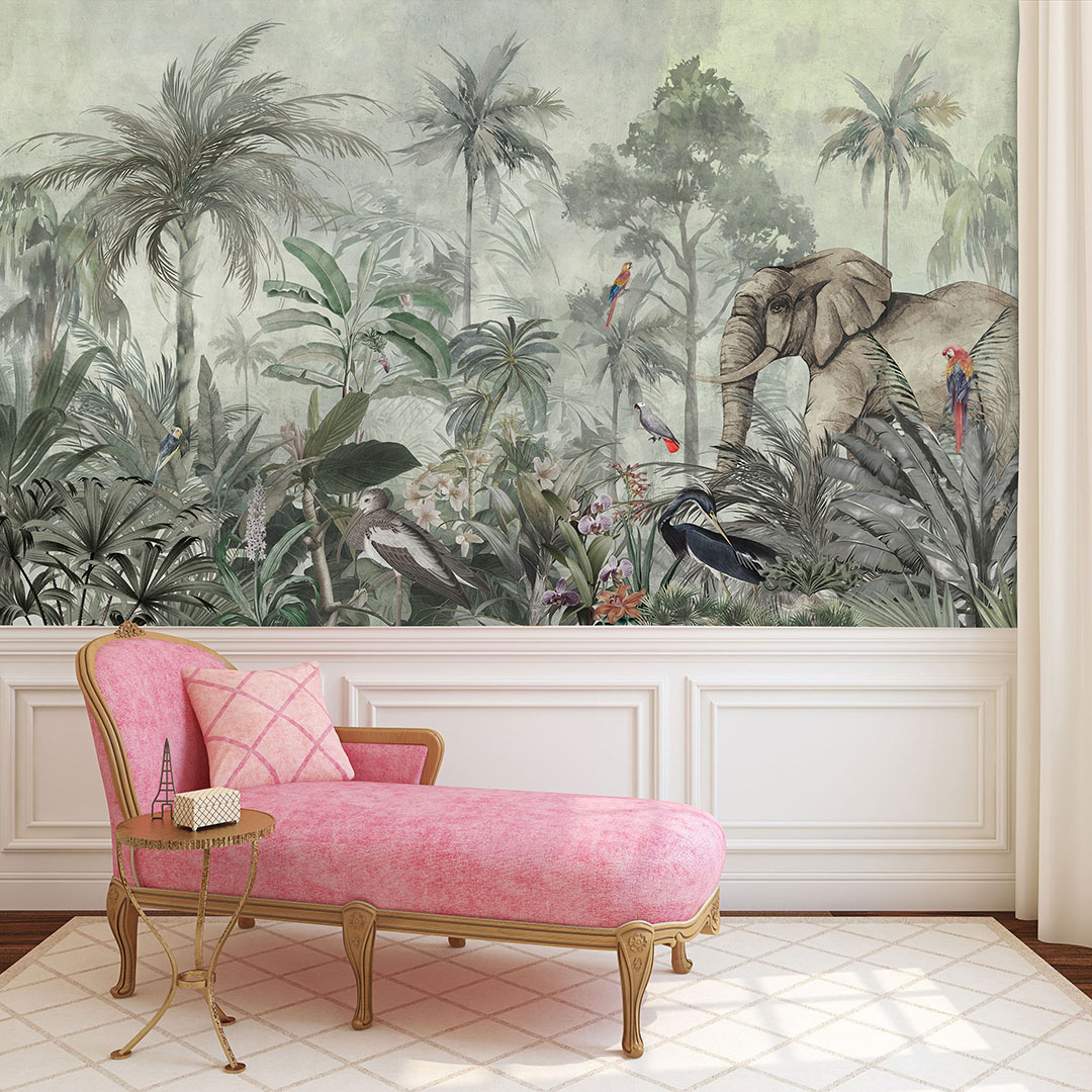 Tropik Ormanda Filler ve Papağanların Renkli Dansı Poster Duvar Kağıdı