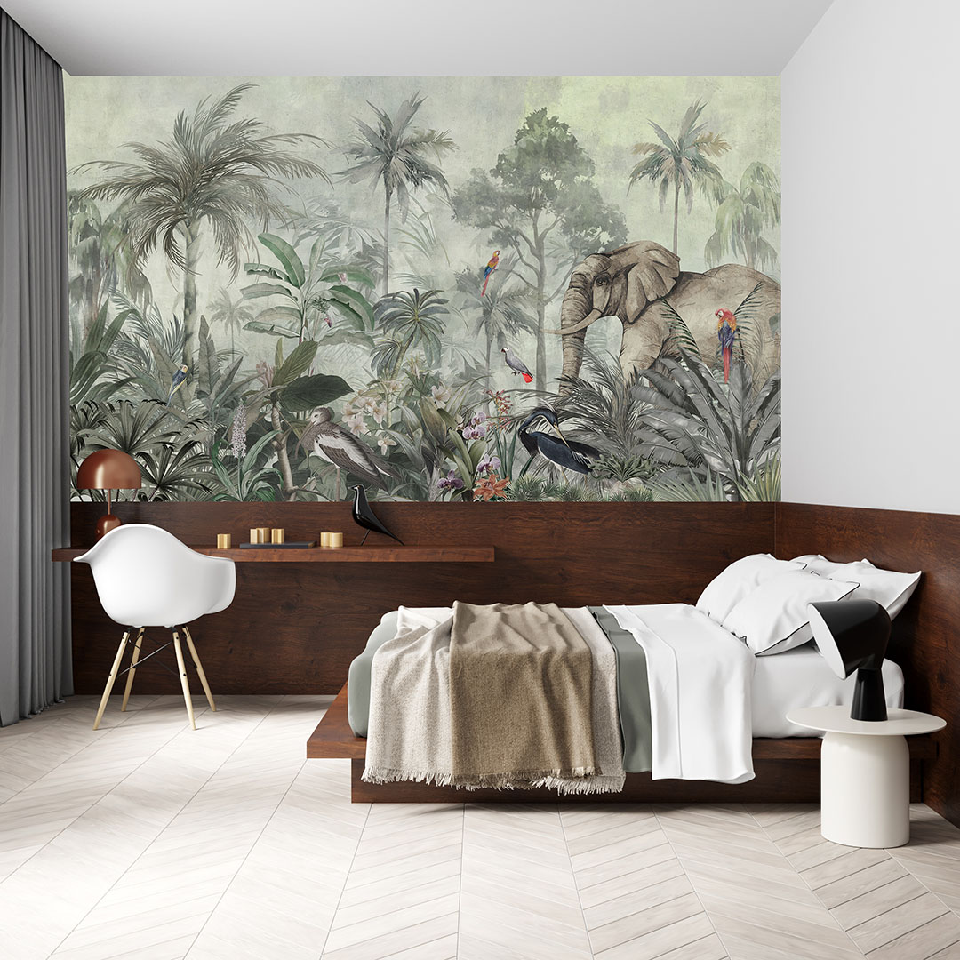 Tropik Ormanda Filler ve Papağanların Renkli Dansı Poster Duvar Kağıdı