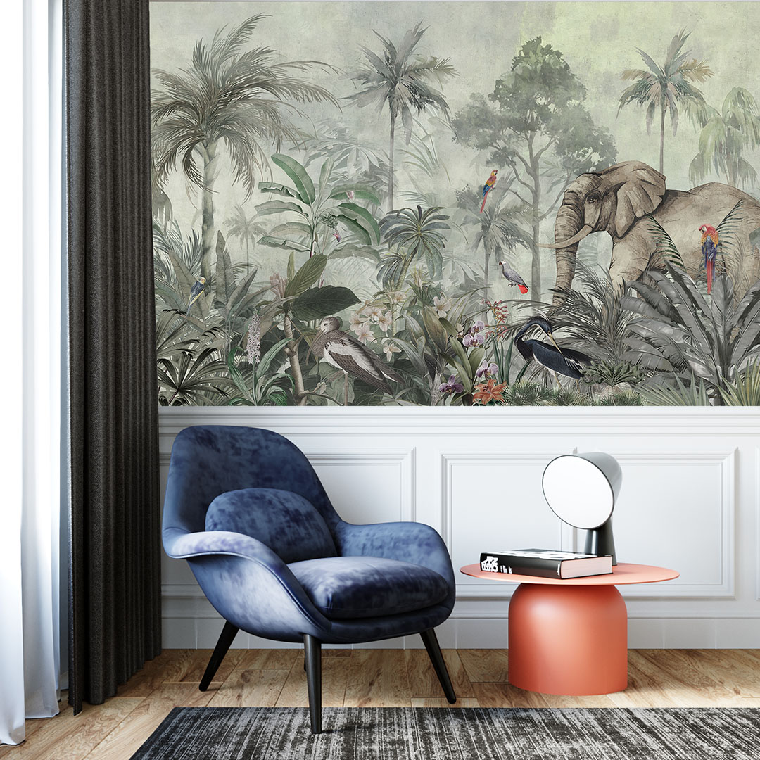 Tropik Ormanda Filler ve Papağanların Renkli Dansı Poster Duvar Kağıdı