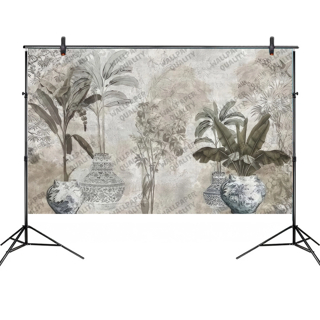 Vazolar İçinde Yaprakların Ahengi Fon Kumaş