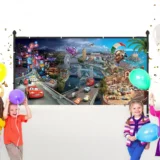 Yarışın Efsanesi Şimşek Mcqueen Arabalar Şehirleri Kucaklıyor fon kumaş