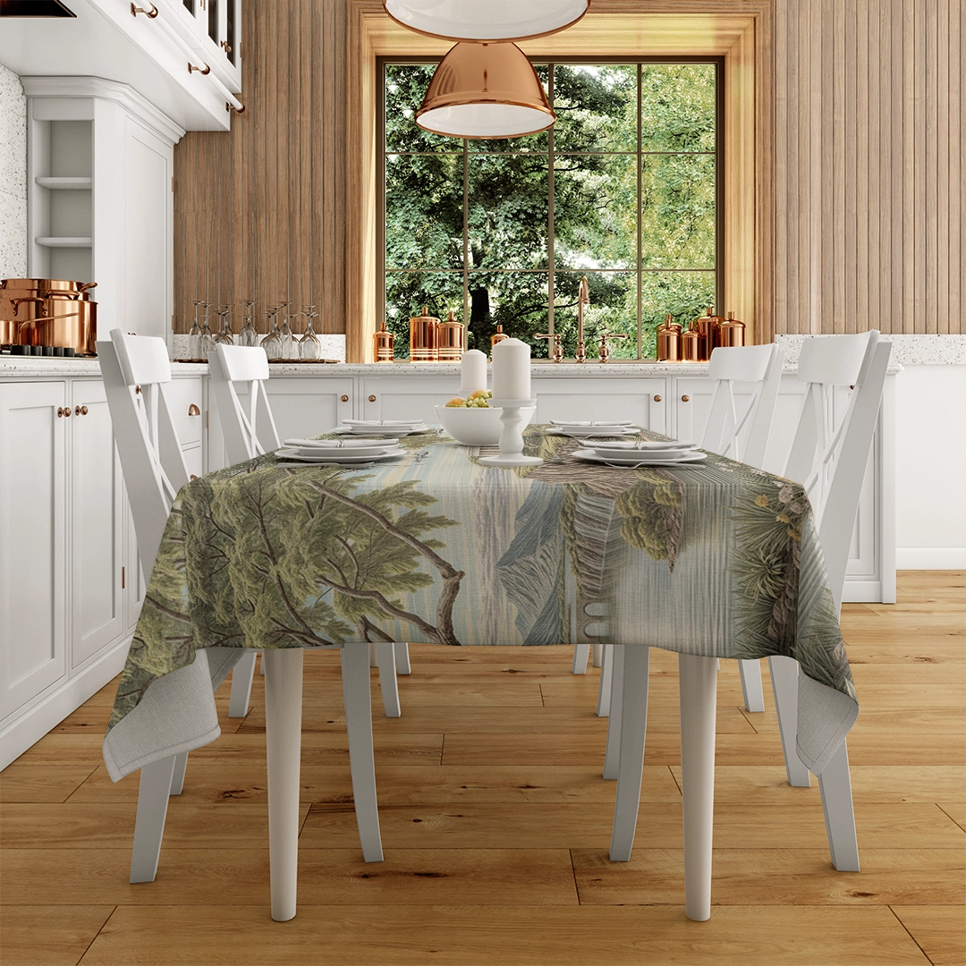 Yemyeşil Yamaçlarda Yükselen Tapınakların ve Şelalelerin Sonsuz Huzuru Masa Örtüsü