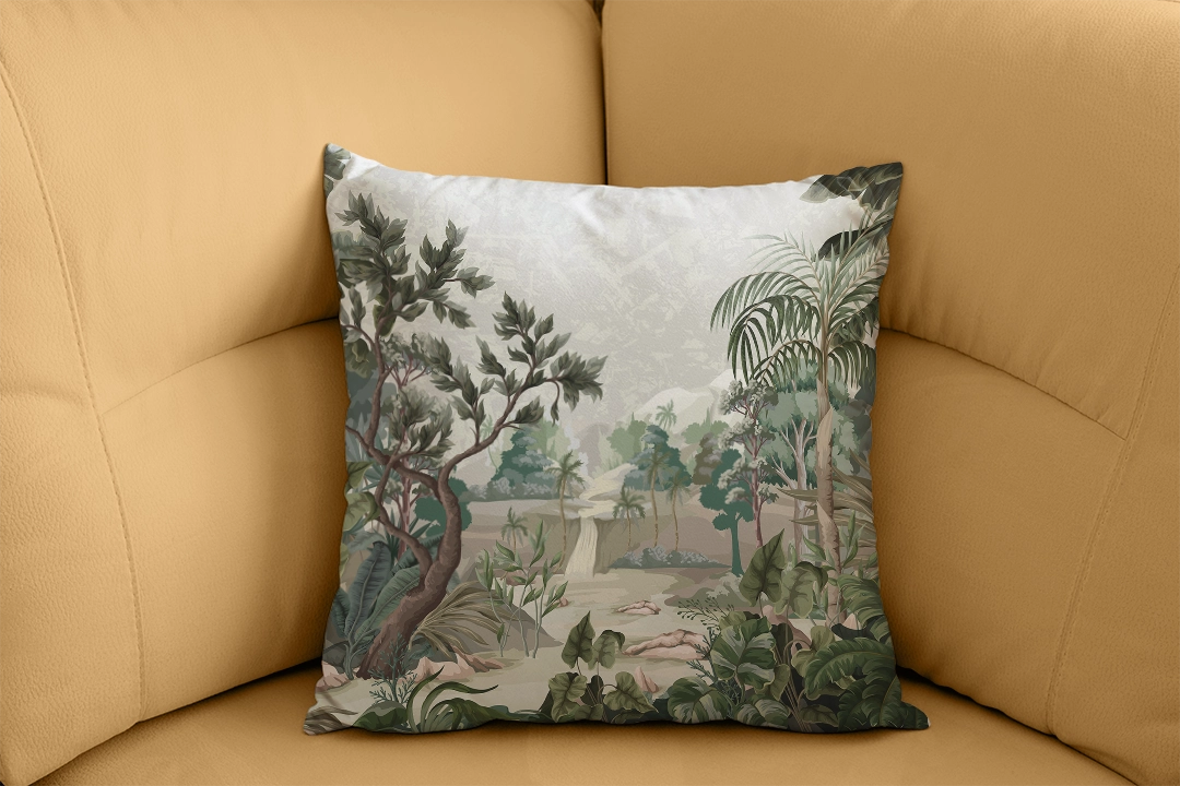 Yemyeşil Yapraklar ve Sakin Şelalelerle Dolu, Huzurlu ve Canlı Bir Tropikal Cennet Manzarası Kırlent