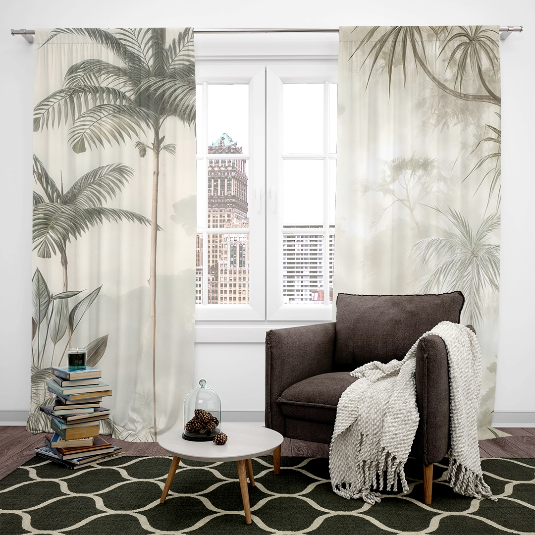 Yeşil TonYaprak Silüetleri ile Tropikal Görsel Fon Perde