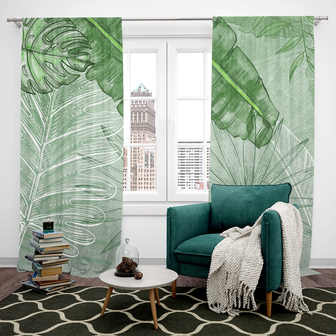 Yeşilin Huzur Veren Çizgilerle Hareketlenen Tropik Yapraklar Fon Perde