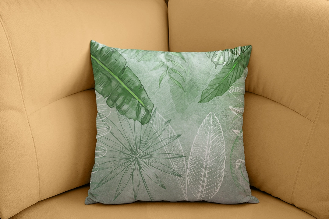 Yeşilin Huzur Veren Çizgilerle Hareketlenen Tropik Yapraklar Kırlent