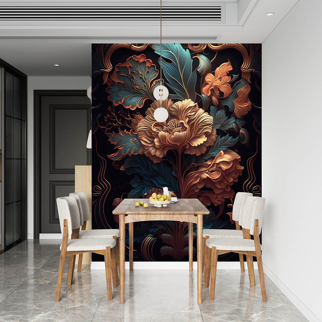 Altın Dokunuşlarla Zenginleştirilmiş Canlı Renklerde Çiçek Deseni Poster Duvar Kağıdı