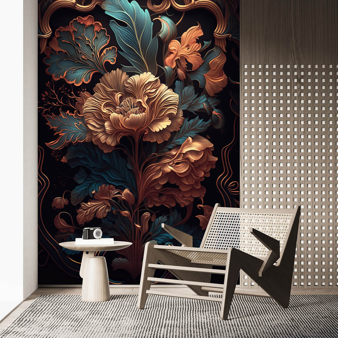 Altın Dokunuşlarla Zenginleştirilmiş Canlı Renklerde Çiçek Deseni Poster Duvar Kağıdı