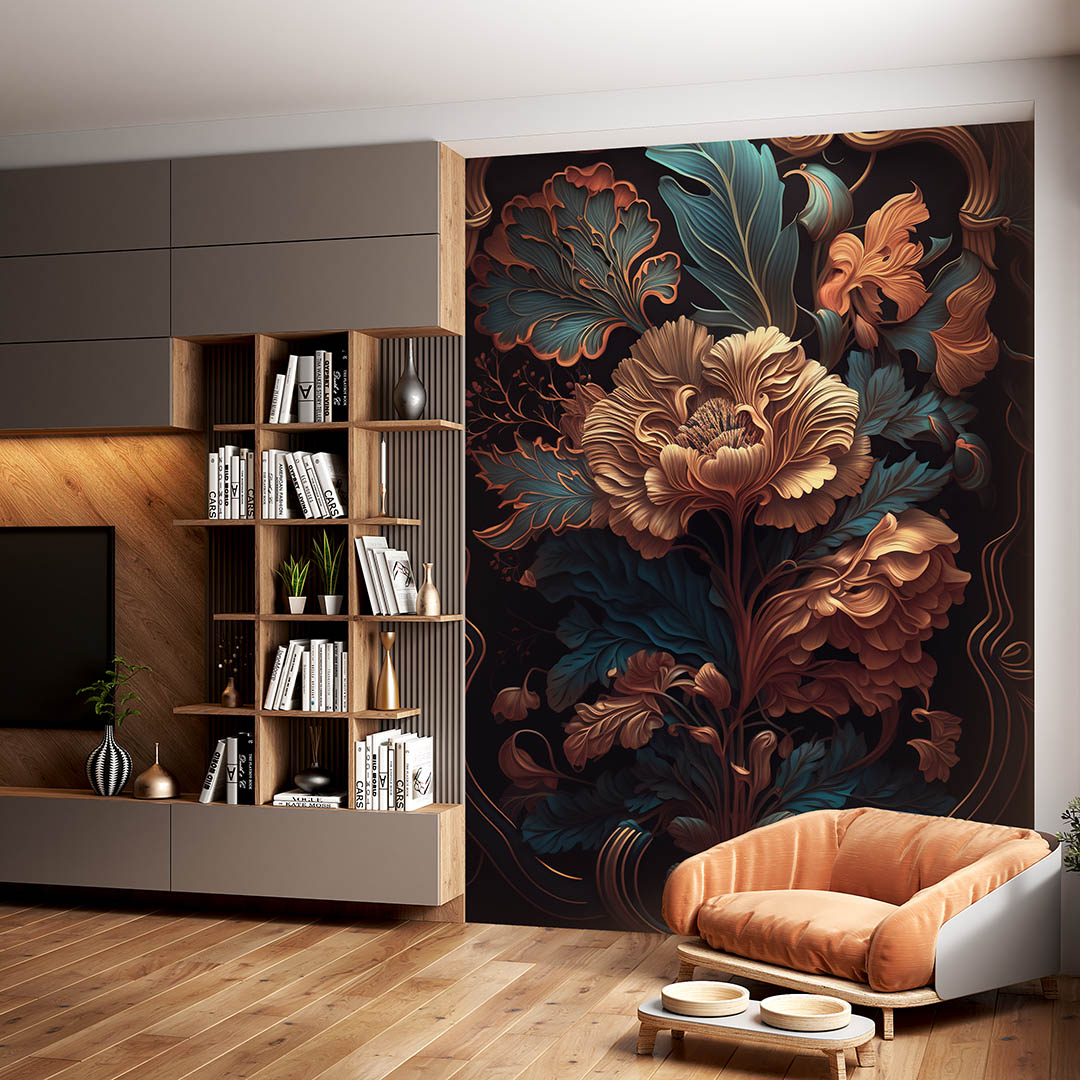 Altın Dokunuşlarla Zenginleştirilmiş Canlı Renklerde Çiçek Deseni Poster Duvar Kağıdı