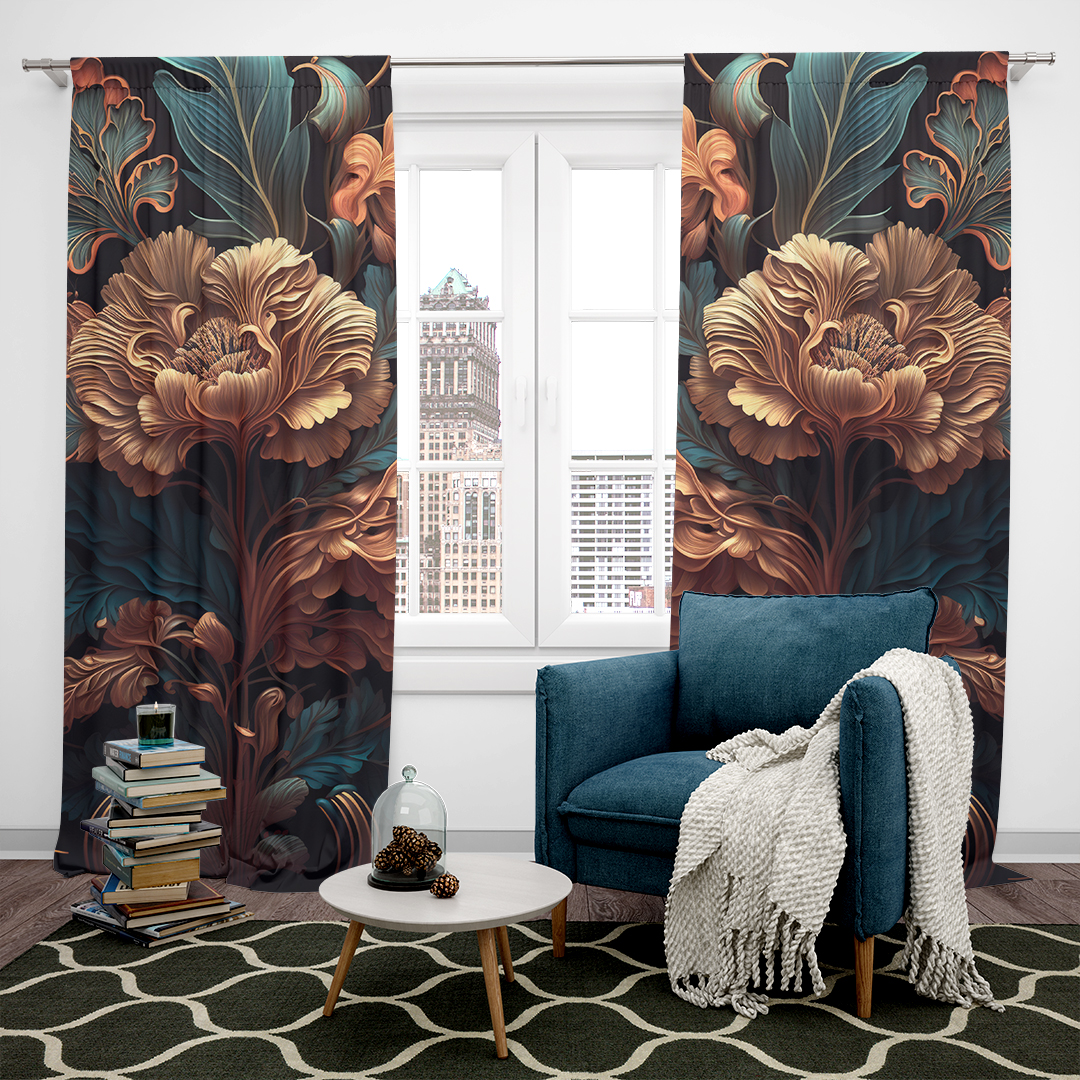 Altın Dokunuşlarla Zenginleştirilmiş Canlı Renklerde Çiçek Deseni Fon Perde