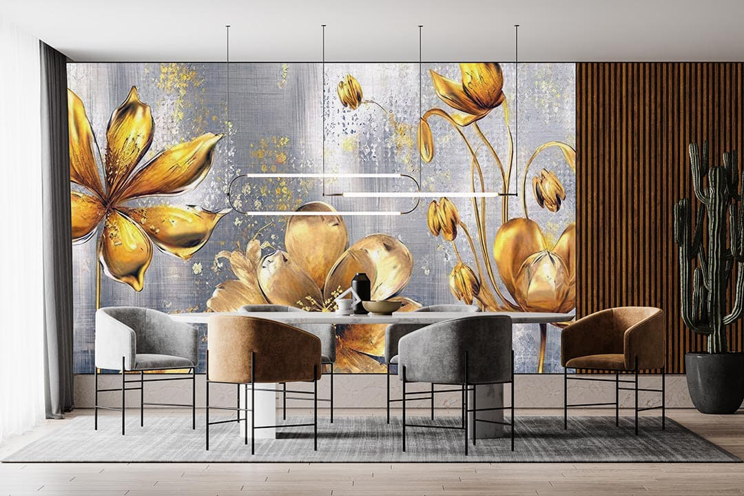 Altın Renkli Çiçeklerin Büyüsü İle Lüks ve Zarafetin Görkemi Poster Duvar Kağıdı