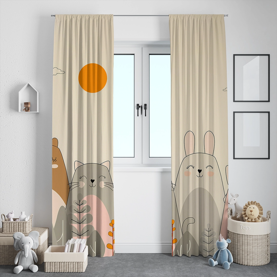 Ayıcık Kedi Tavşan Tilki ve Köpeğin Mutlu Buluşması Fon Perde