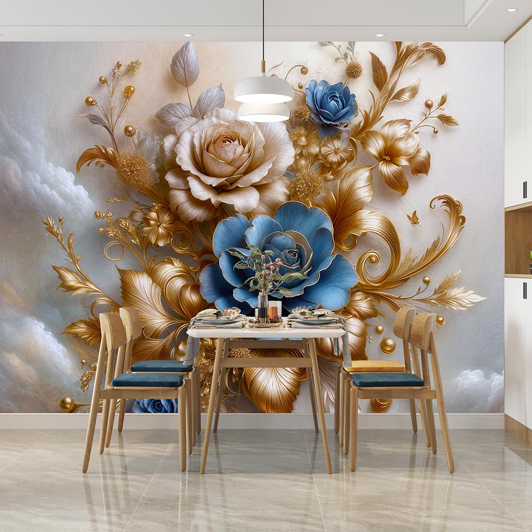 Beyaz ve Mavi Gül Buketinin Altın Dokunuşu Poster Duvar Kağıdı