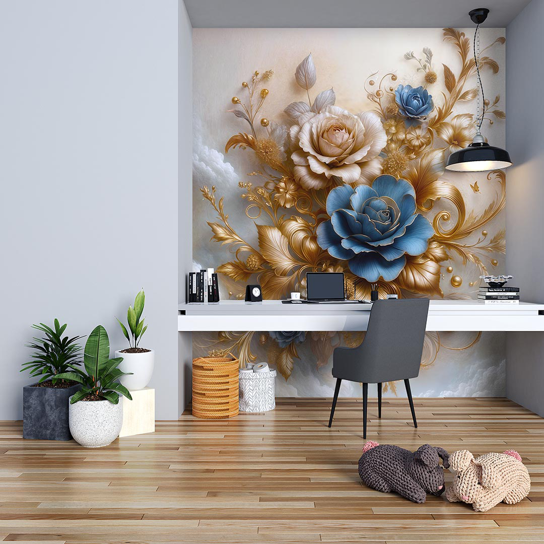 Beyaz ve Mavi Gül Buketinin Altın Dokunuşu Poster Duvar Kağıdı