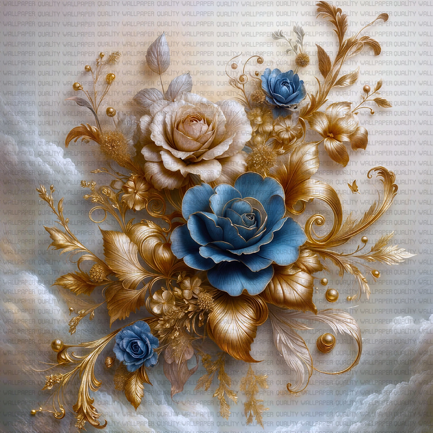 Beyaz ve Mavi Gül Buketinin Altın Dokunuşu