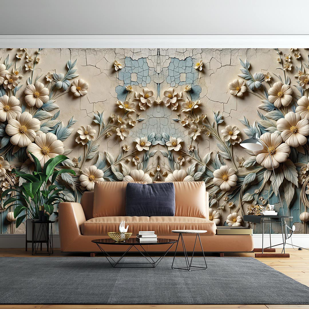 Eskitilmiş Dokunun Üzerinde Yükselen Zamansız Çiçekler Poster Duvar Kağıdı