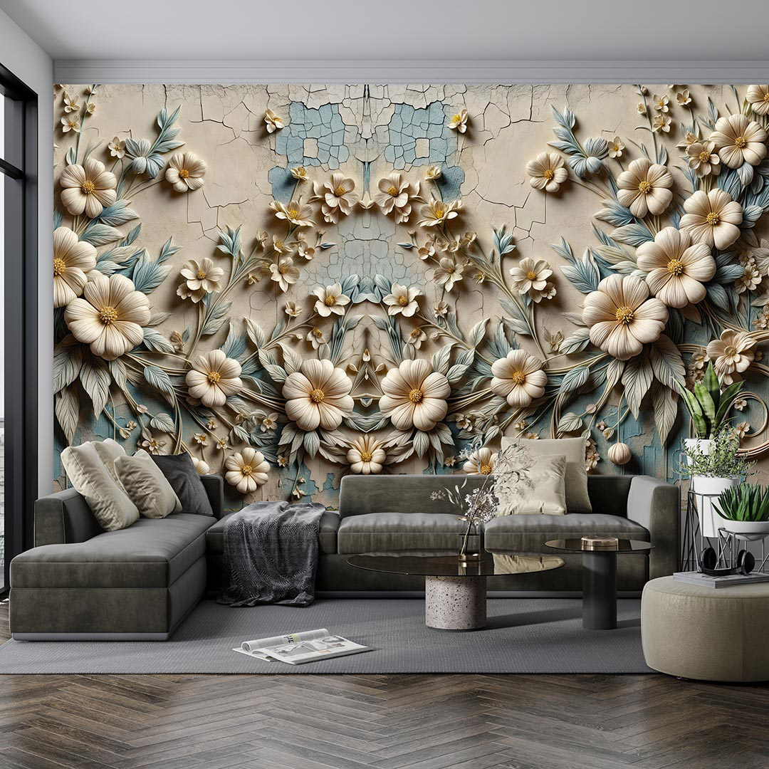 Eskitilmiş Dokunun Üzerinde Yükselen Zamansız Çiçekler Poster Duvar Kağıdı