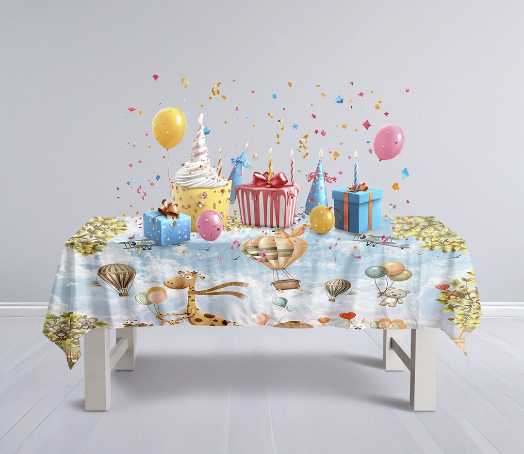 Gökyüzünde Süzülen Balonlar ve Neşeli Dostlarla Dolu Hayaller Diyarı Masa Örtüsü