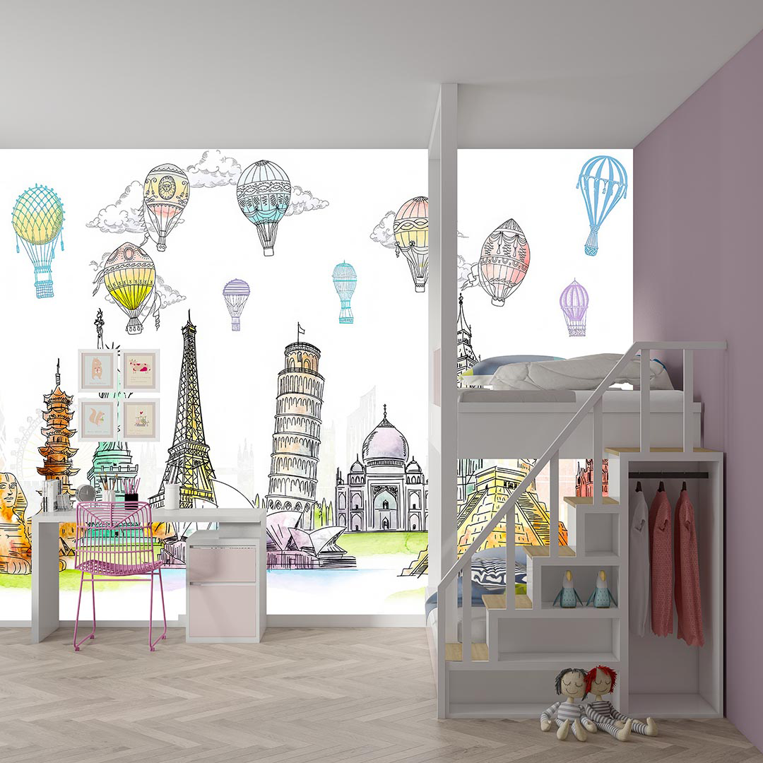 Gökyüzünde Süzülen Balonların Eşliğinde Dünya Mirasının Zamansız Silüetleri Poster Duvar Kağıdı