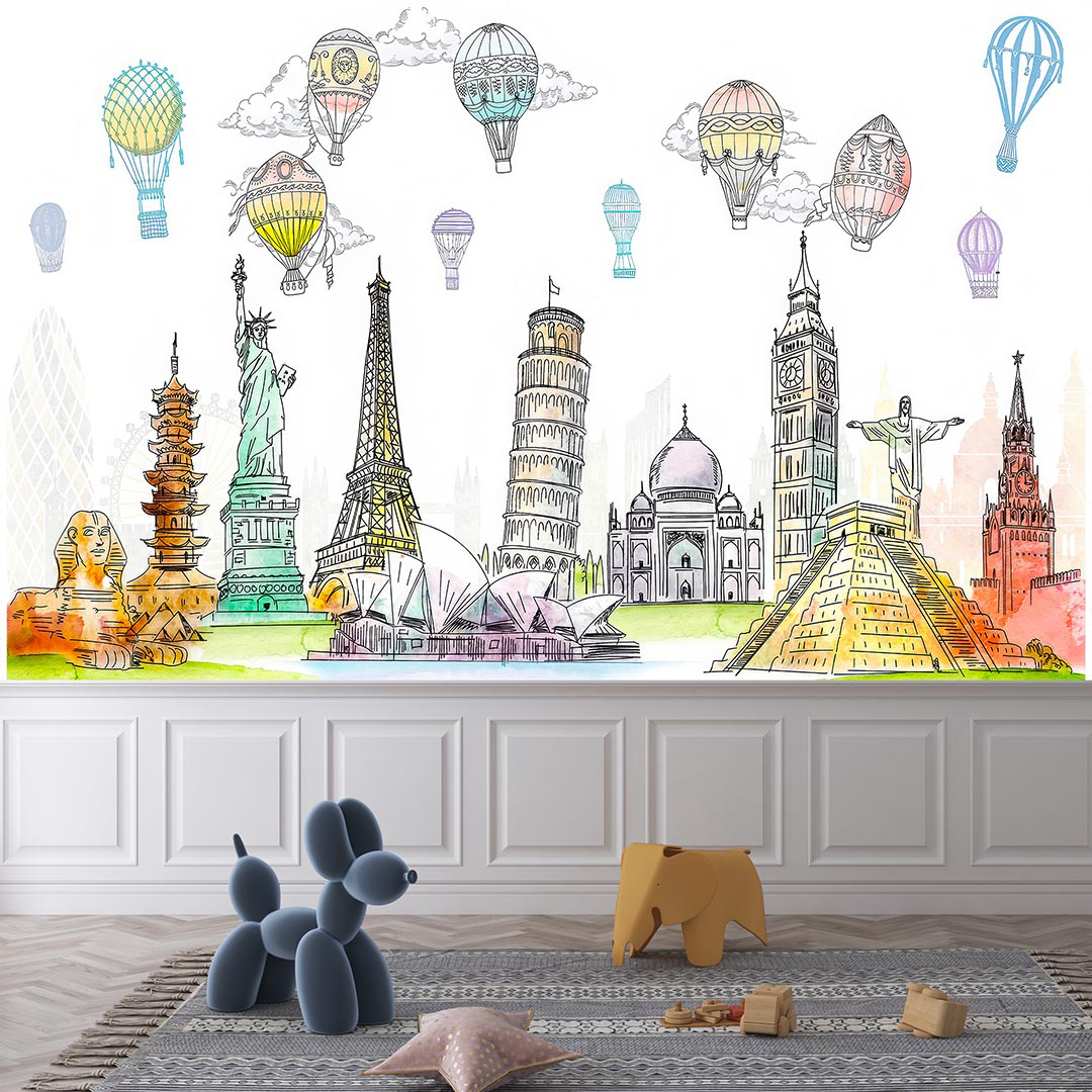 Gökyüzünde Süzülen Balonların Eşliğinde Dünya Mirasının Zamansız Silüetleri Poster Duvar Kağıdı