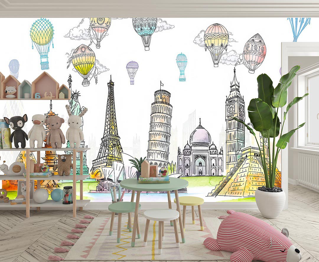 Gökyüzünde Süzülen Balonların Eşliğinde Dünya Mirasının Zamansız Silüetleri Poster Duvar Kağıdı