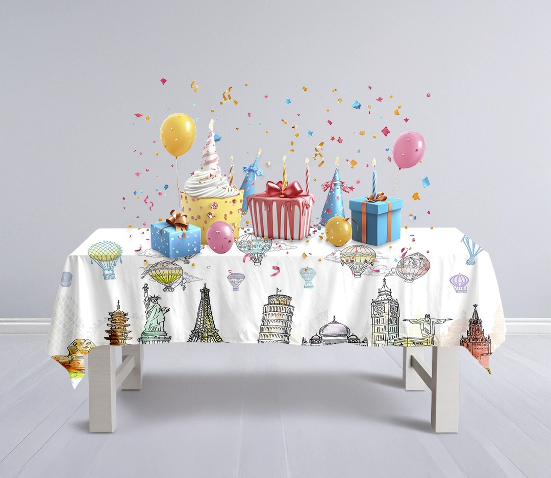 Gökyüzünde Süzülen Balonların Eşliğinde Dünya Mirasının Zamansız Silüetleri Masa Örtüsü