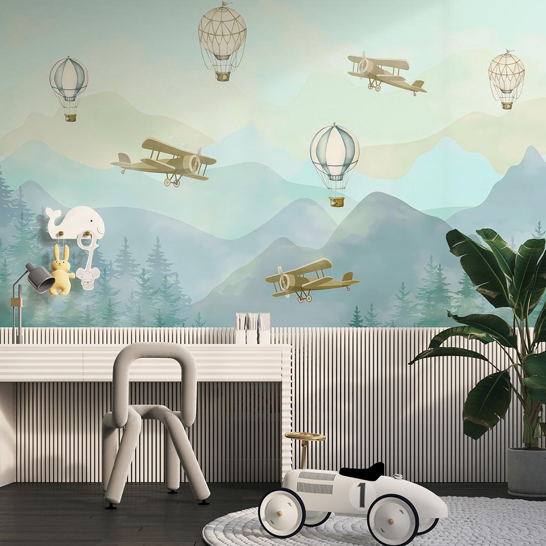 Gökyüzünde Uçak ve Balonlarla Hayal Dolu Bir Macera Poster Duvar Kağıdı