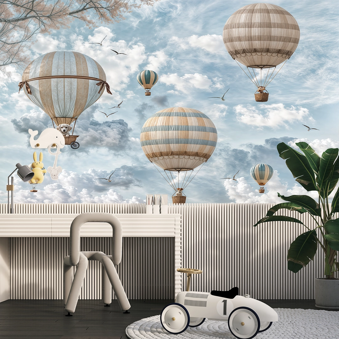 Hava Balonlarıyla Bulutların Üzerinde Süzülen Sevimli Dostların Neşe Dolu Yolculuğu Poster Duvar Kağıdı