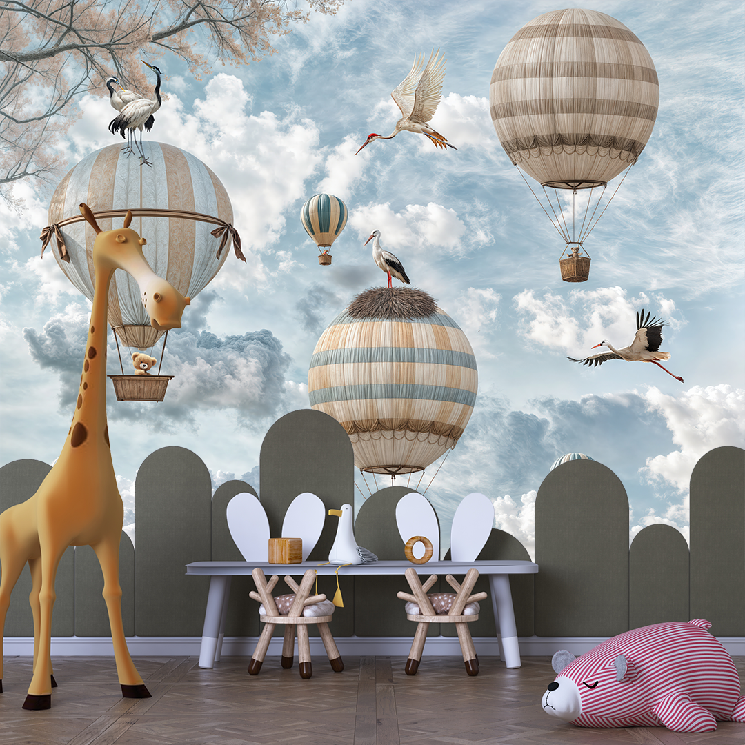 Hava Balonlarıyla Bulutların Üzerinde Süzülen Sevimli Dostların Neşe Dolu Yolculuğu Poster Duvar Kağıdı