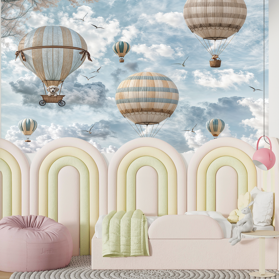Hava Balonlarıyla Bulutların Üzerinde Süzülen Sevimli Dostların Neşe Dolu Yolculuğu Poster Duvar Kağıdı