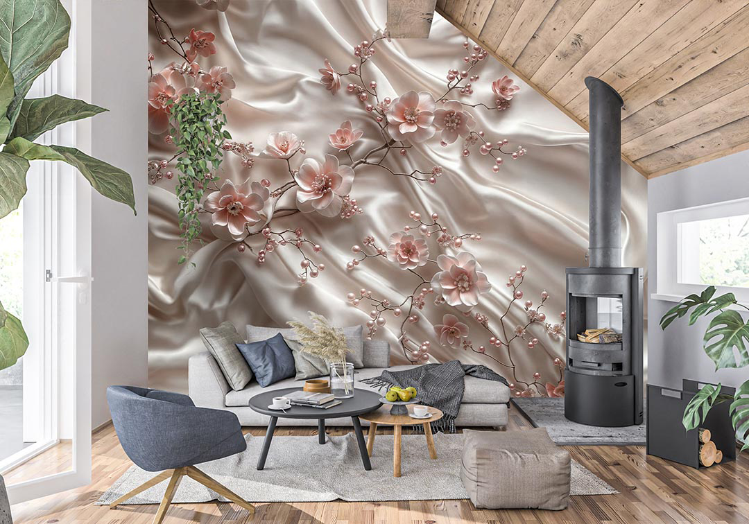 İnci Çiçeklerle Süslenmiş Romantik İpek Dokusu Poster Duvar Kağıdı